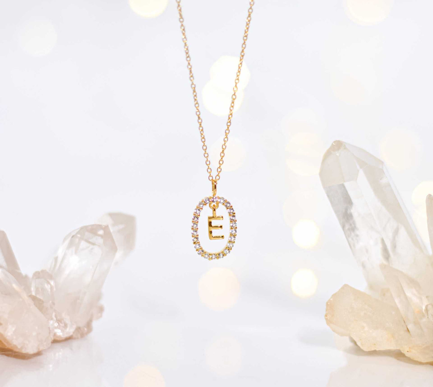 Alphabet "Letter E" with White Topaz Halo Gold plated Necklace