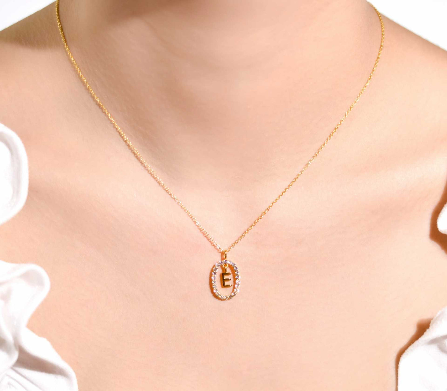Alphabet "Letter E" with White Topaz Halo Gold plated Necklace