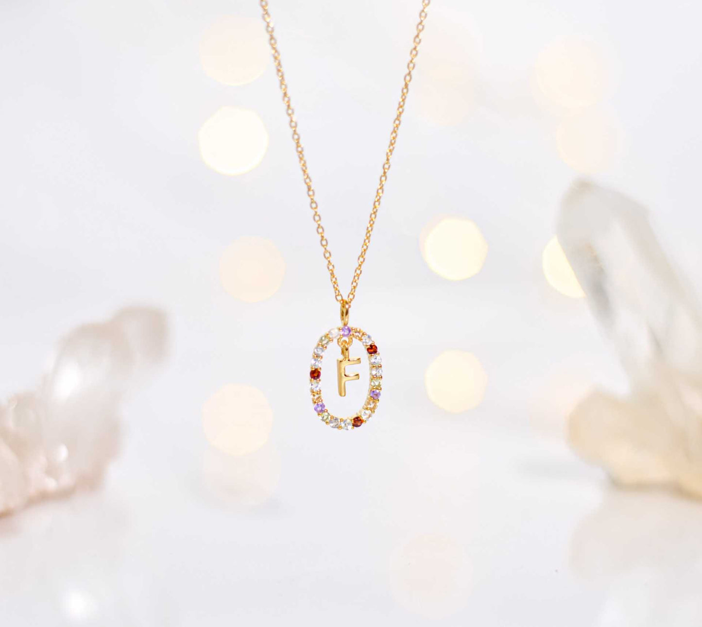 Alphabet "Letter F" with Multi Gemstones Halo Gold plated Necklace