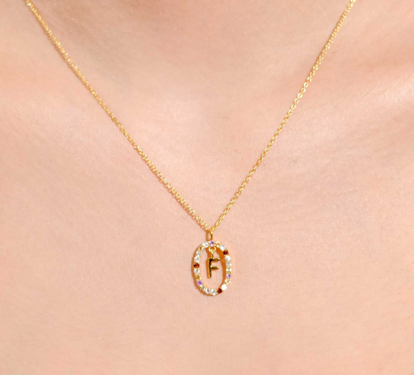 Alphabet "Letter F" with Multi Gemstones Halo Gold plated Necklace