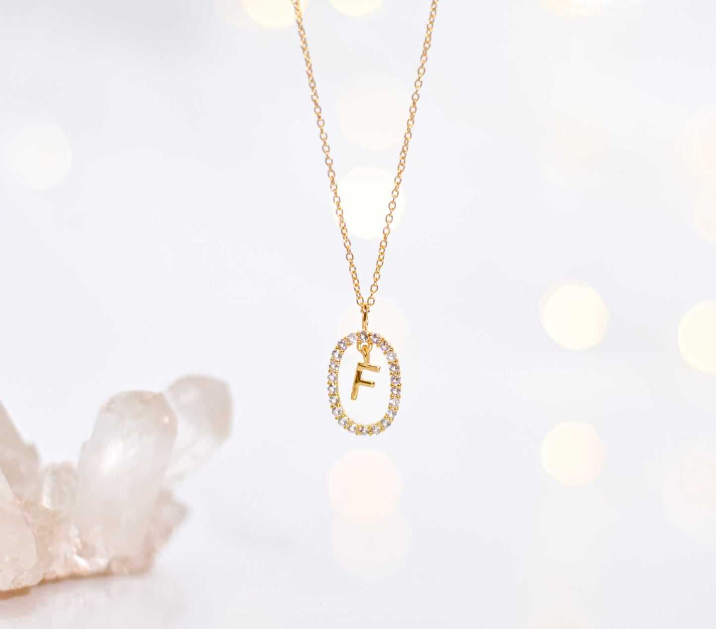 Alphabet "Letter F" with White Topaz Halo Gold plated Necklace