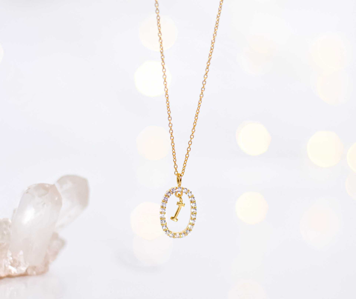 Alphabet "Letter I" with White Topaz Halo Gold plated Necklace