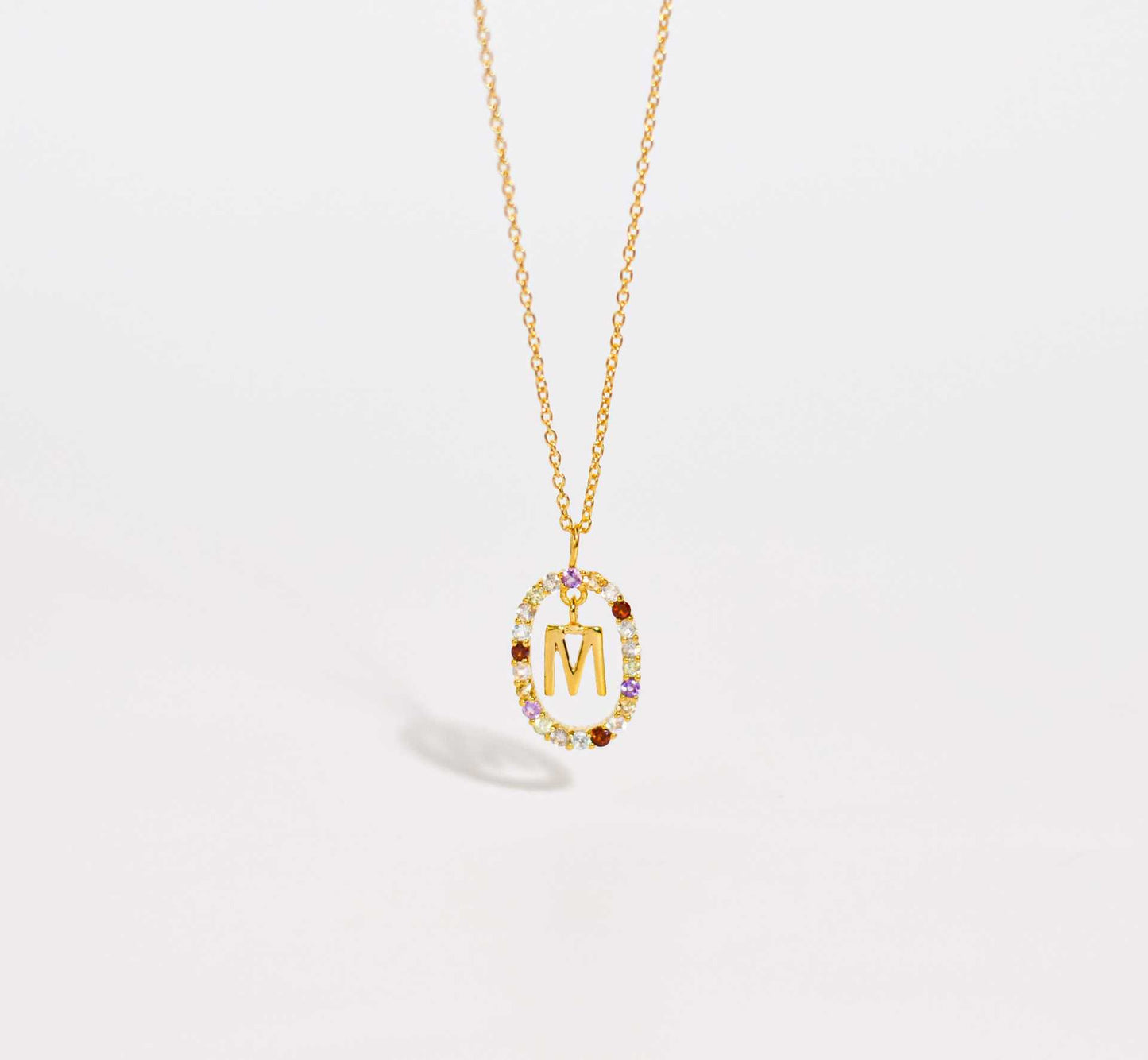 Alphabet "Letter M" with Multi Gemstones Halo Gold plated Necklace