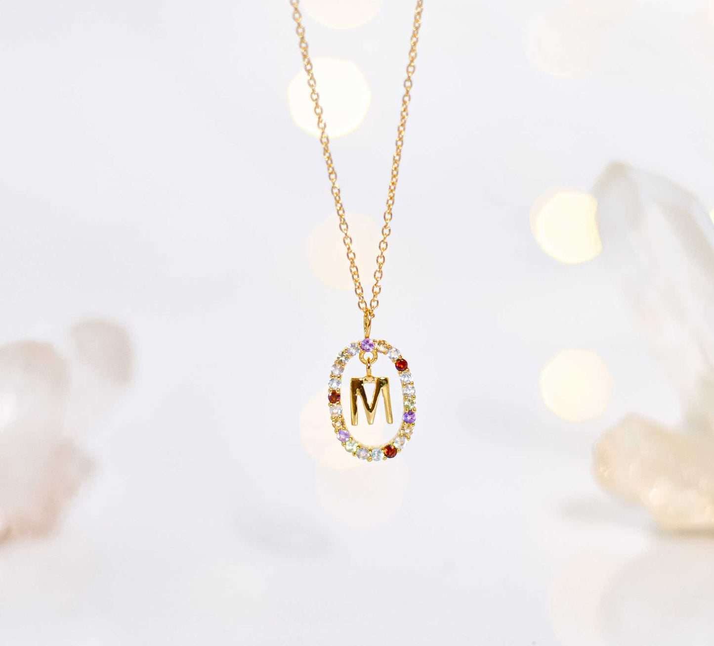 Alphabet "Letter M" with Multi Gemstones Halo Gold plated Necklace