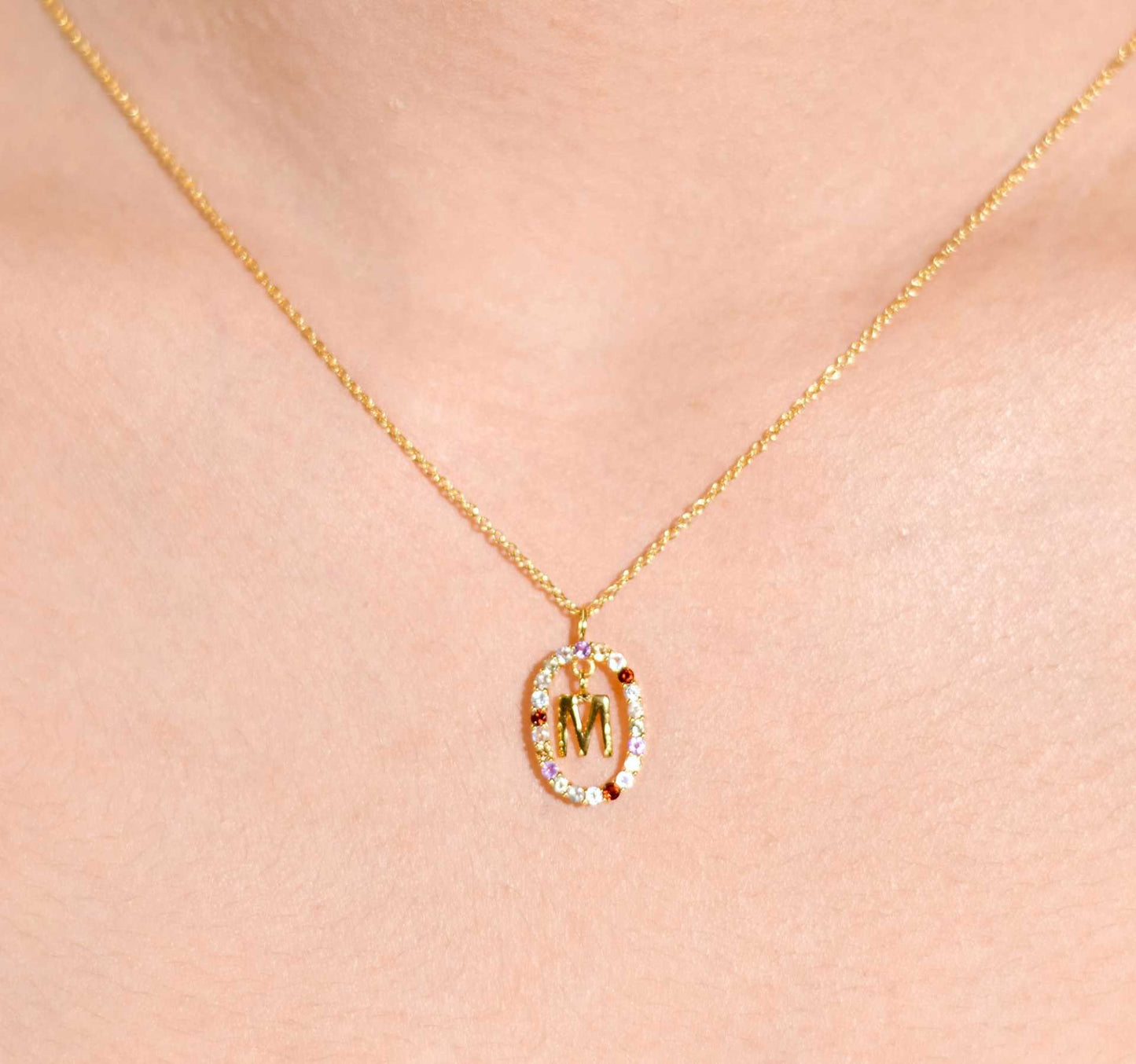 Alphabet "Letter M" with Multi Gemstones Halo Gold plated Necklace