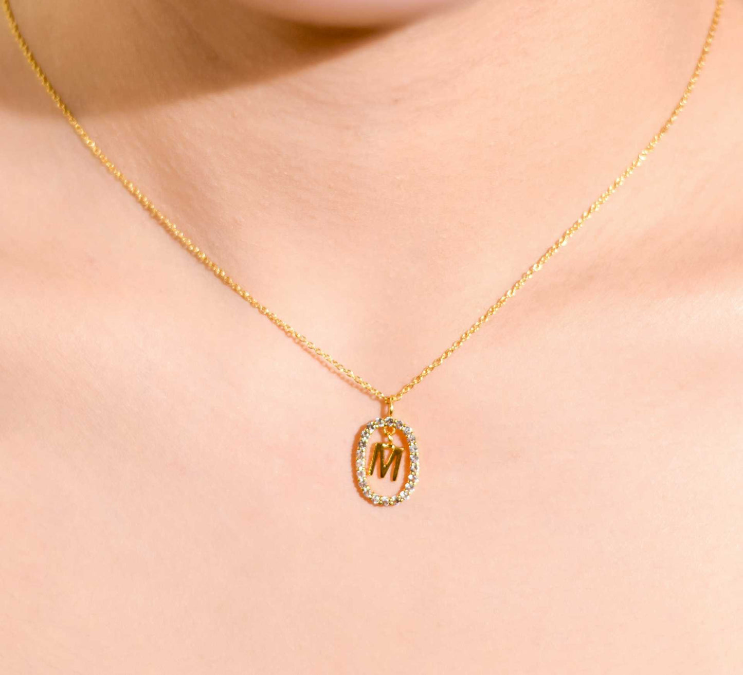 Alphabet "Letter M" with White Topaz Halo Gold plated Necklace