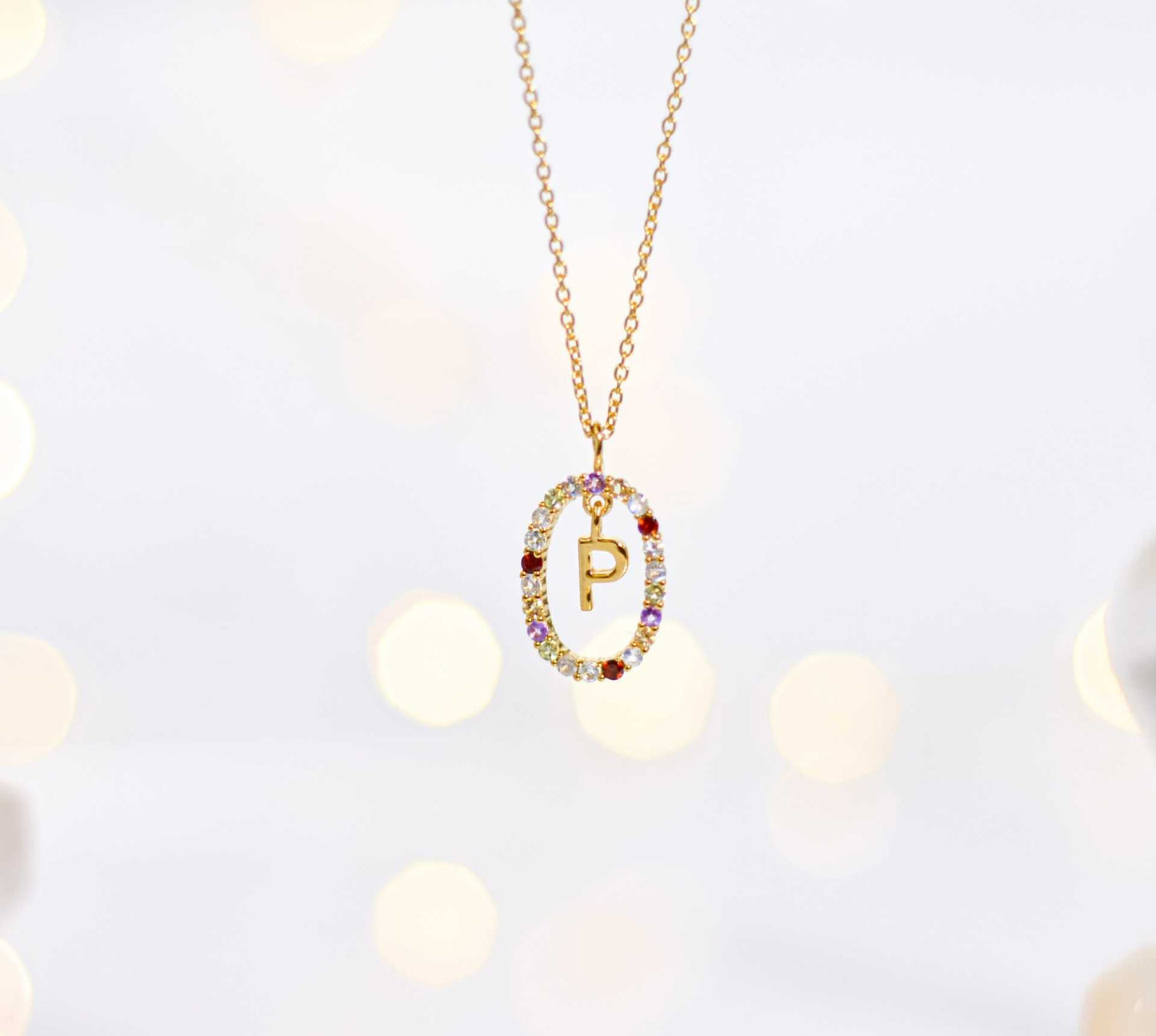 Alphabet "Letter P" with Multi Gemstones Halo Gold plated Necklace