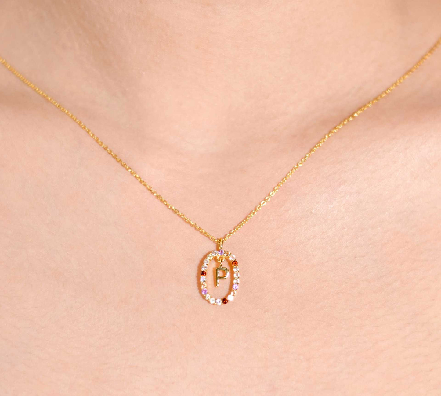 Alphabet "Letter P" with Multi Gemstones Halo Gold plated Necklace