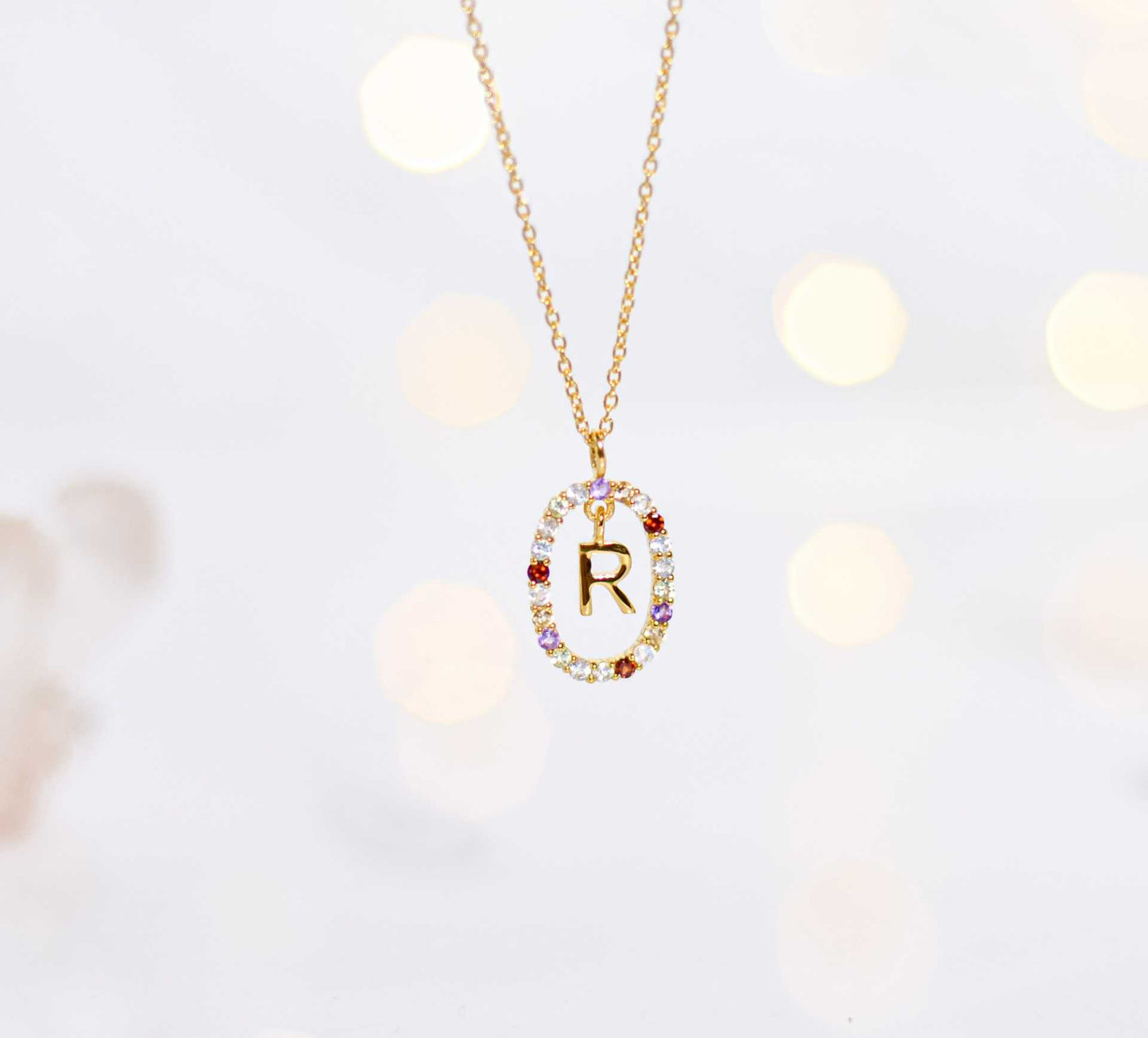 Alphabet "Letter R" with Multi Gemstones Halo Gold plated Necklace
