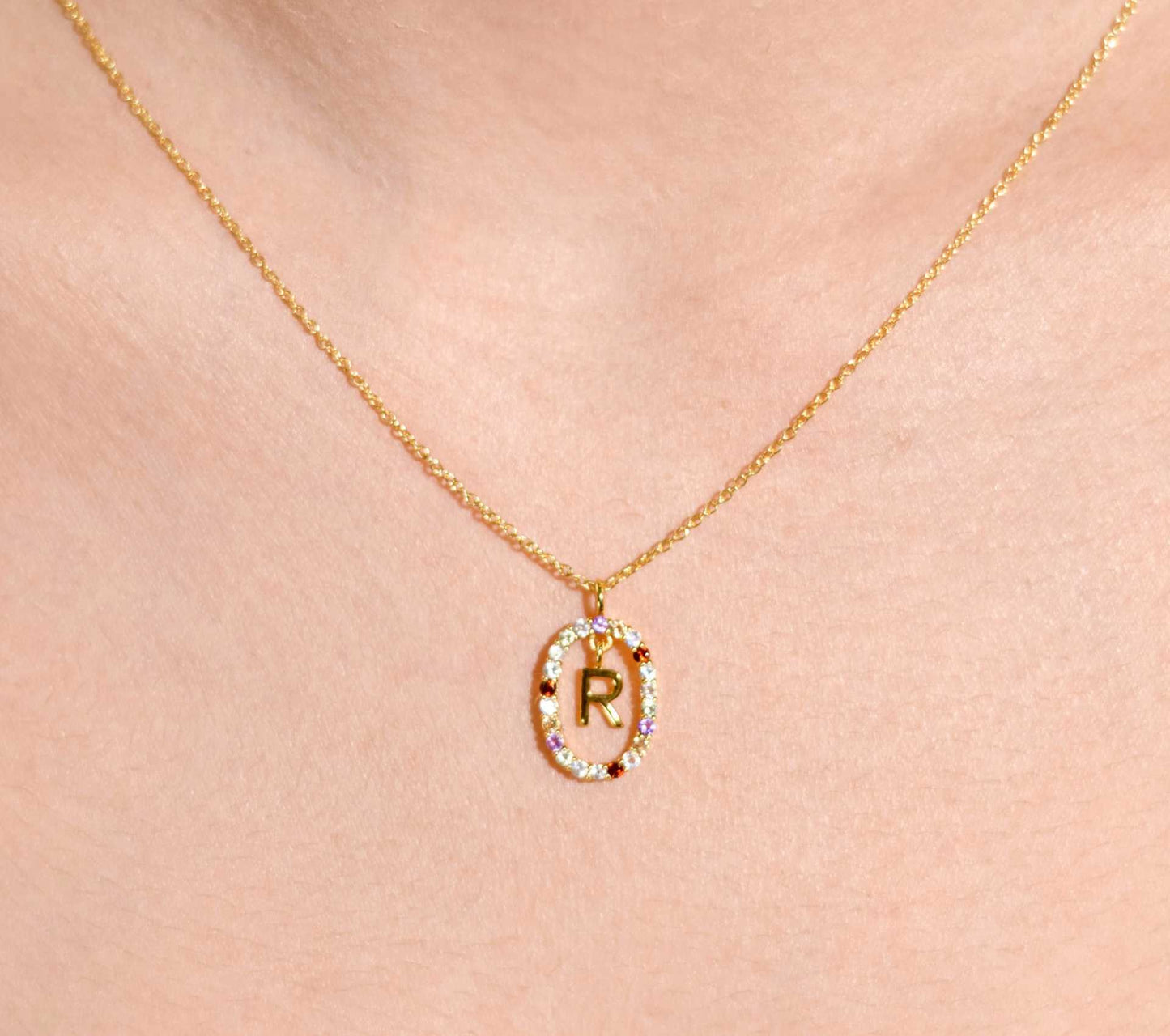 Alphabet "Letter R" with Multi Gemstones Halo Gold plated Necklace