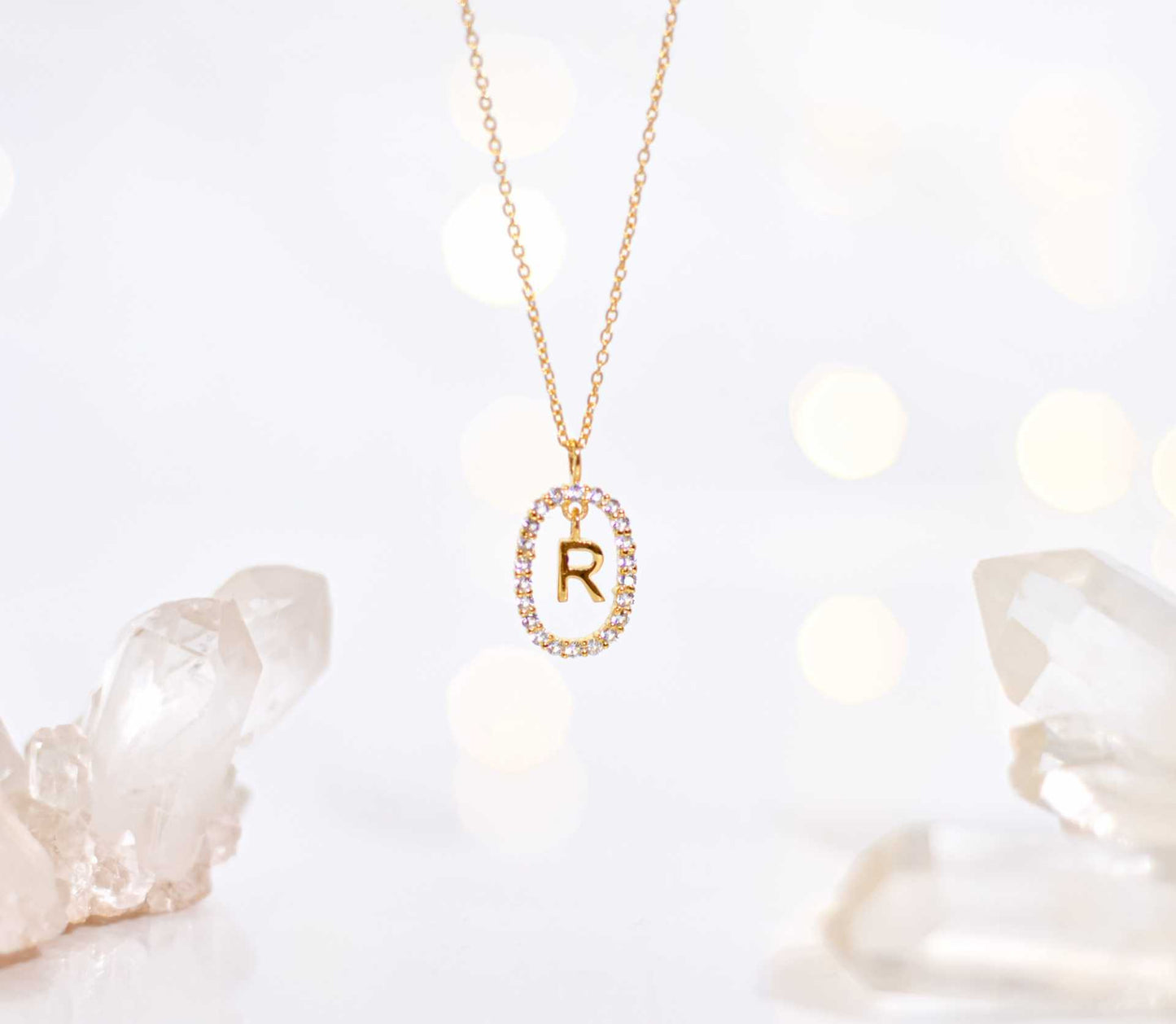 Alphabet "Letter R" with White Topaz Halo Gold plated Necklace