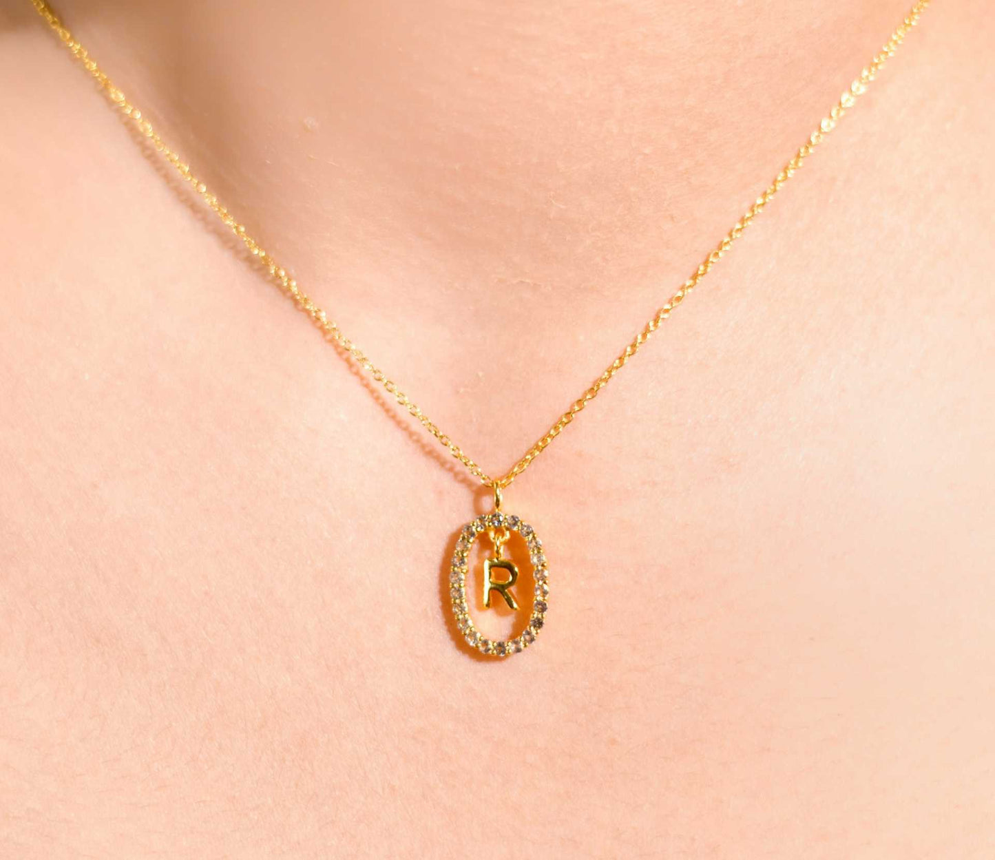 Alphabet "Letter R" with White Topaz Halo Gold plated Necklace