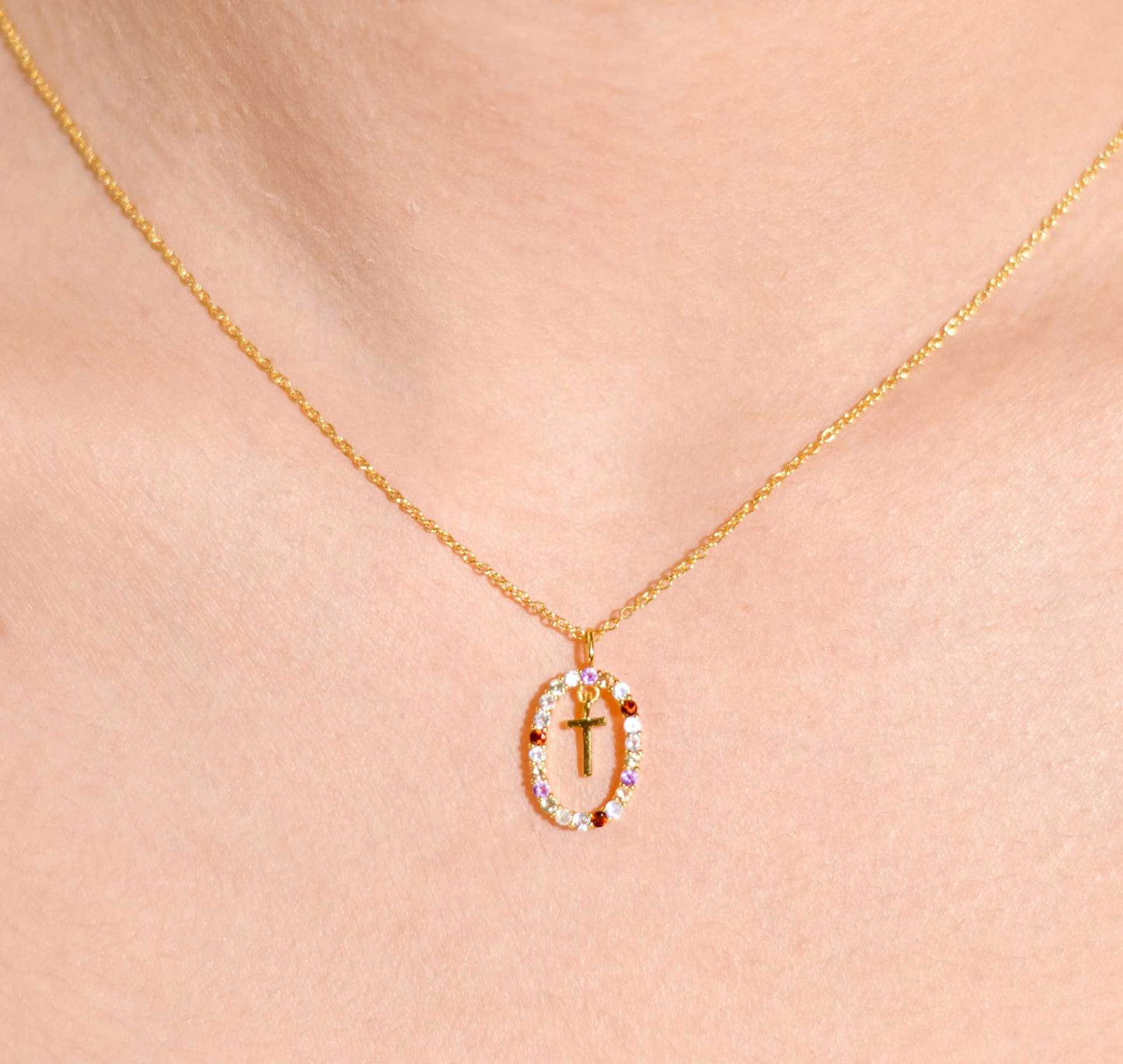 Alphabet "Letter T" with Multi Gemstones Halo Gold plated Necklace
