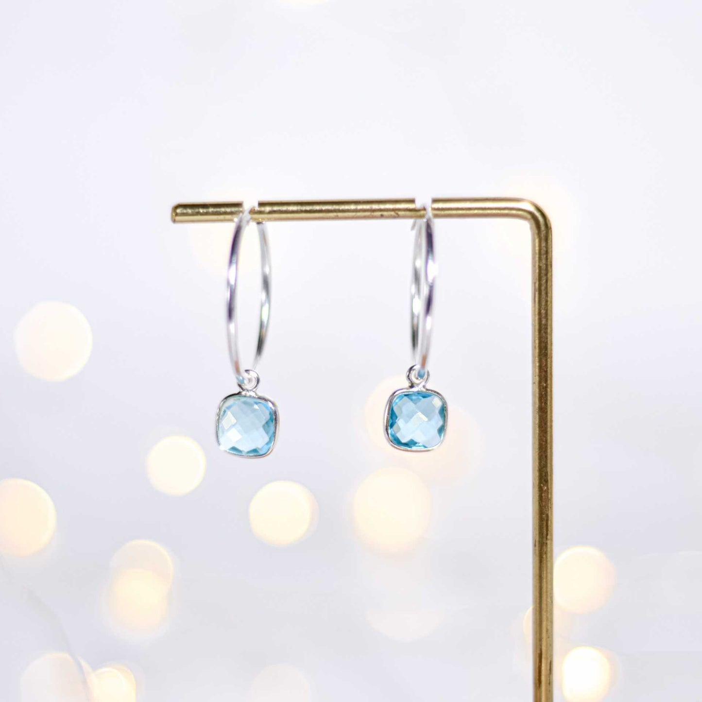 8 mm Cushion cut Swiss Blue Topaz Big Hoop Earrings