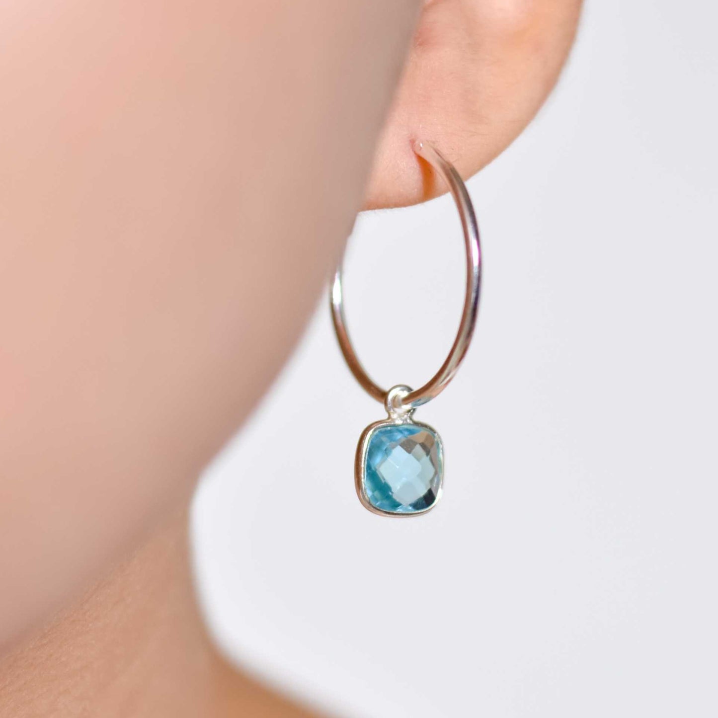 8 mm Cushion cut Swiss Blue Topaz Big Hoop Earrings
