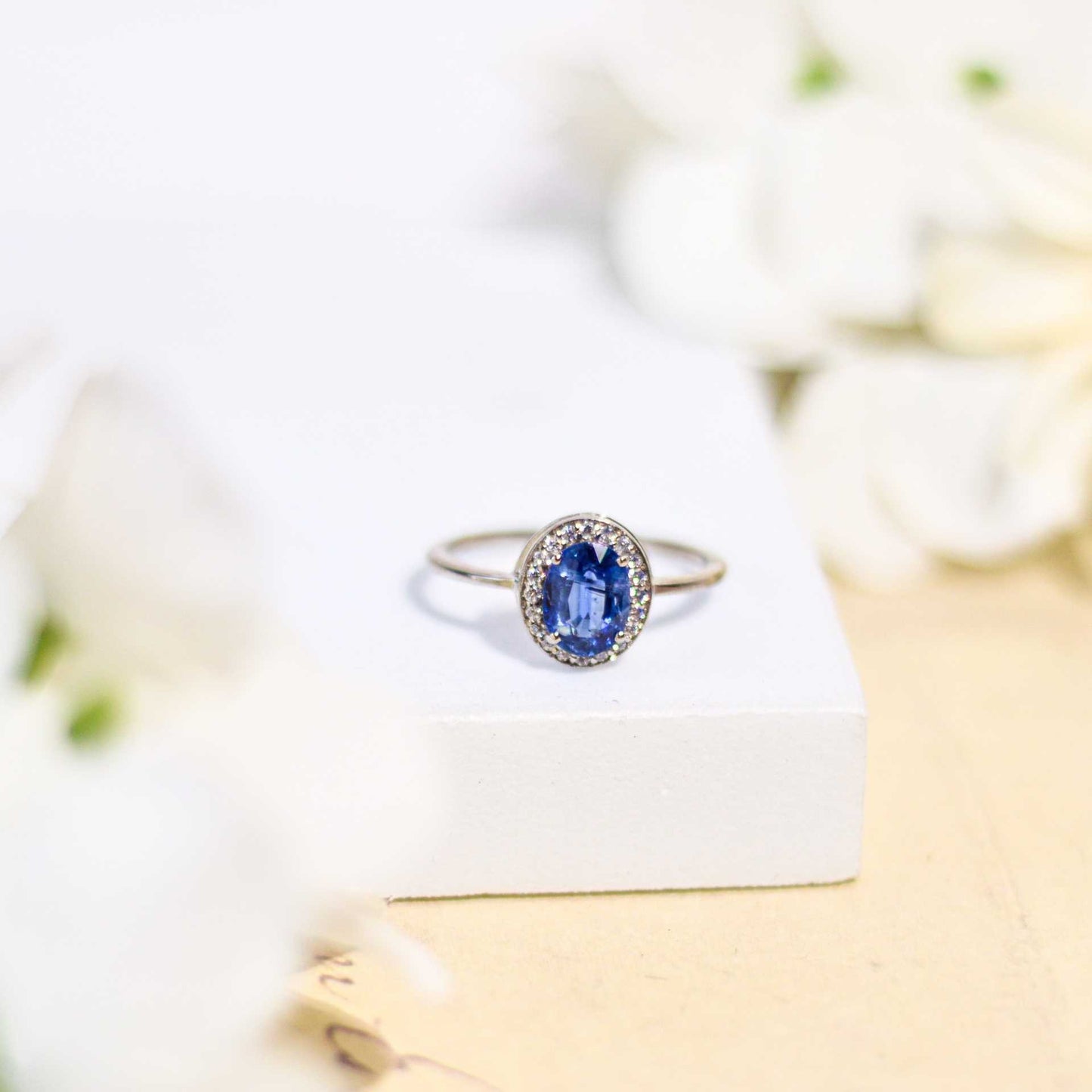8 x 6 mm Oval cut Kyanite with Cz Halo Rhodium plated Ring