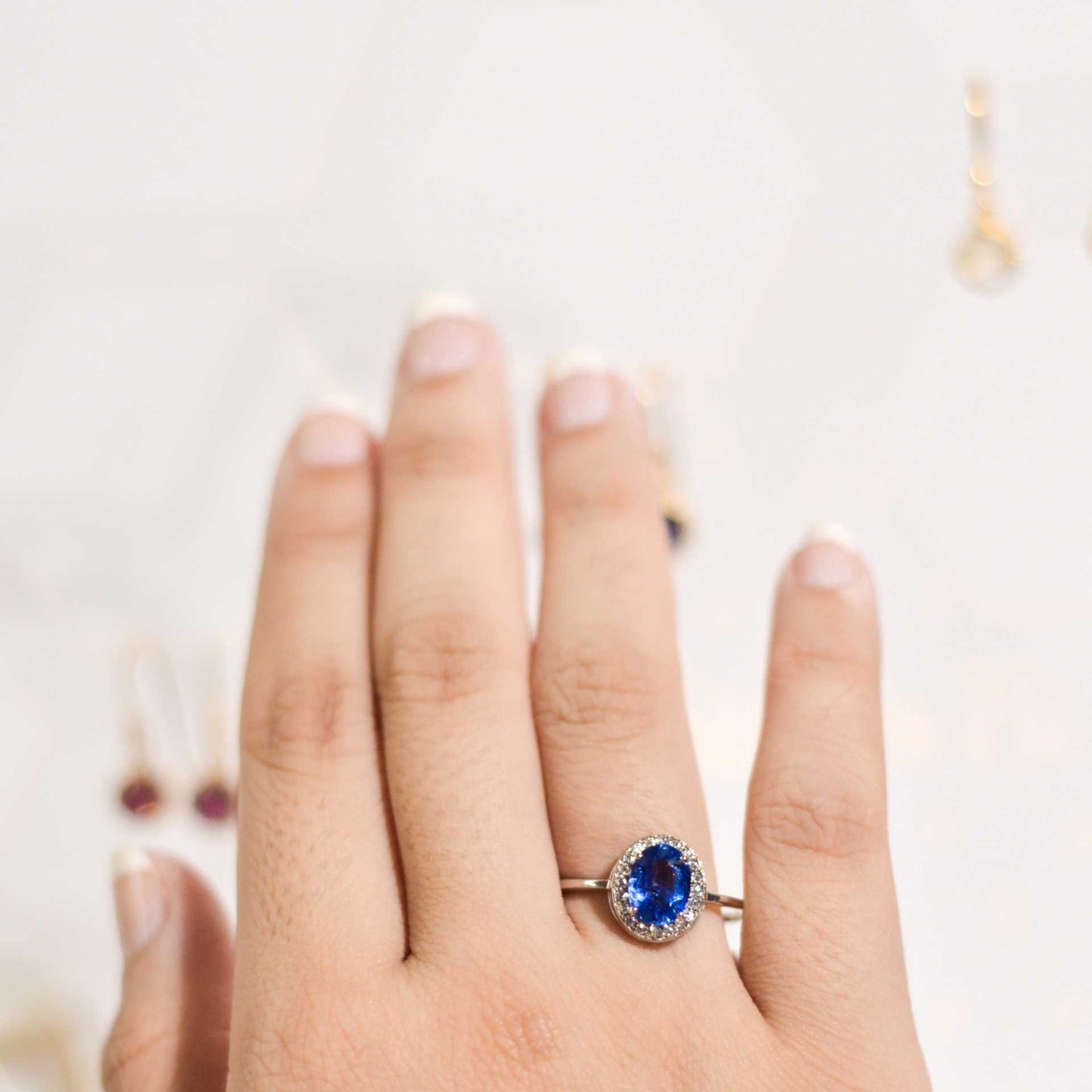 8 x 6 mm Oval cut Kyanite with Cz Halo Rhodium plated Ring