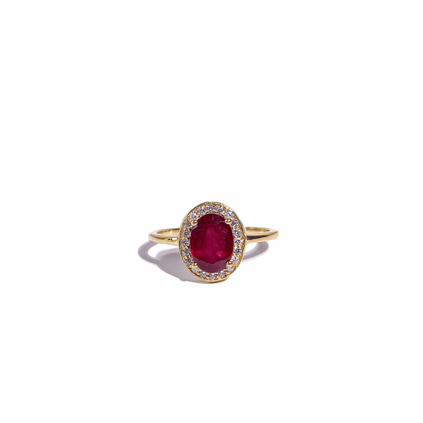 8 x 6 mm Oval cut Ruby with Cz Halo Yellow Gold plated Ring