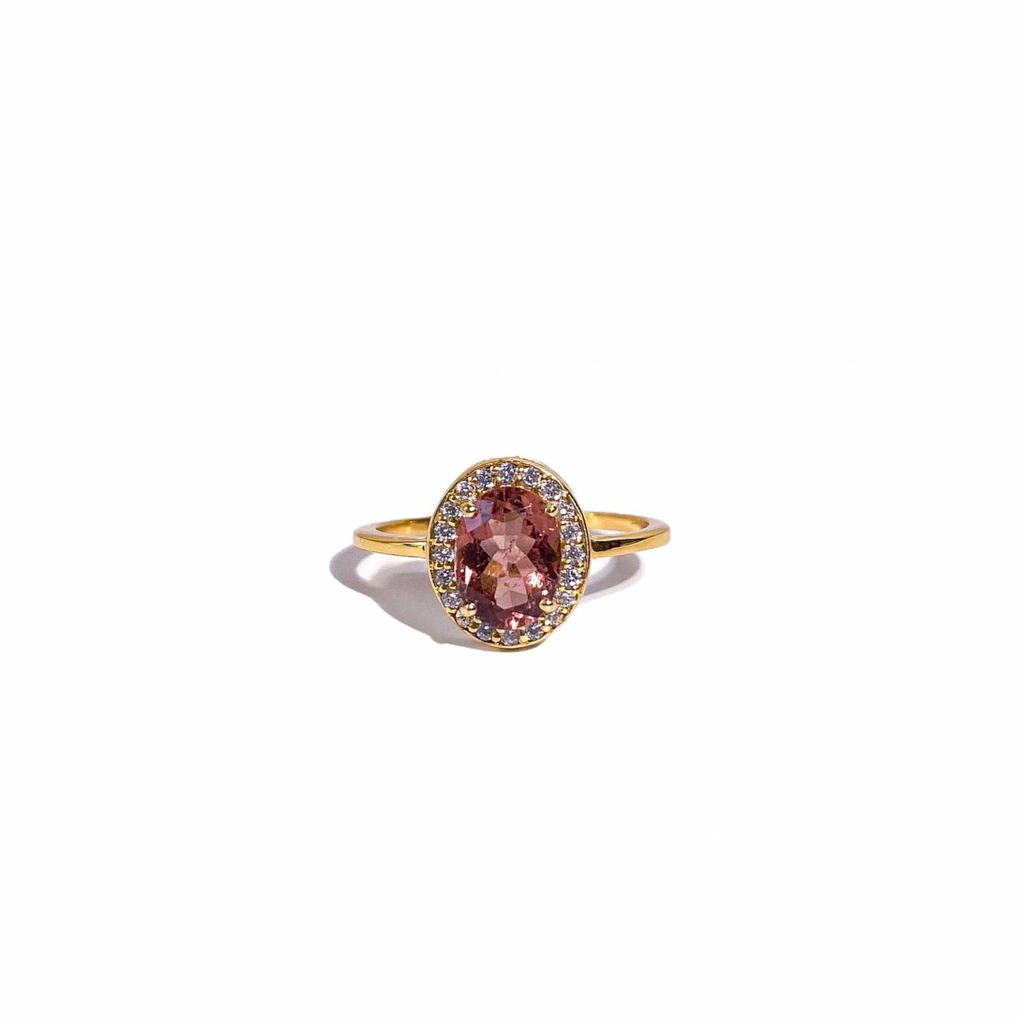 8 x 6 mm Oval cut Pink Tourmaline with Cz Halo Yellow Gold plated Ring