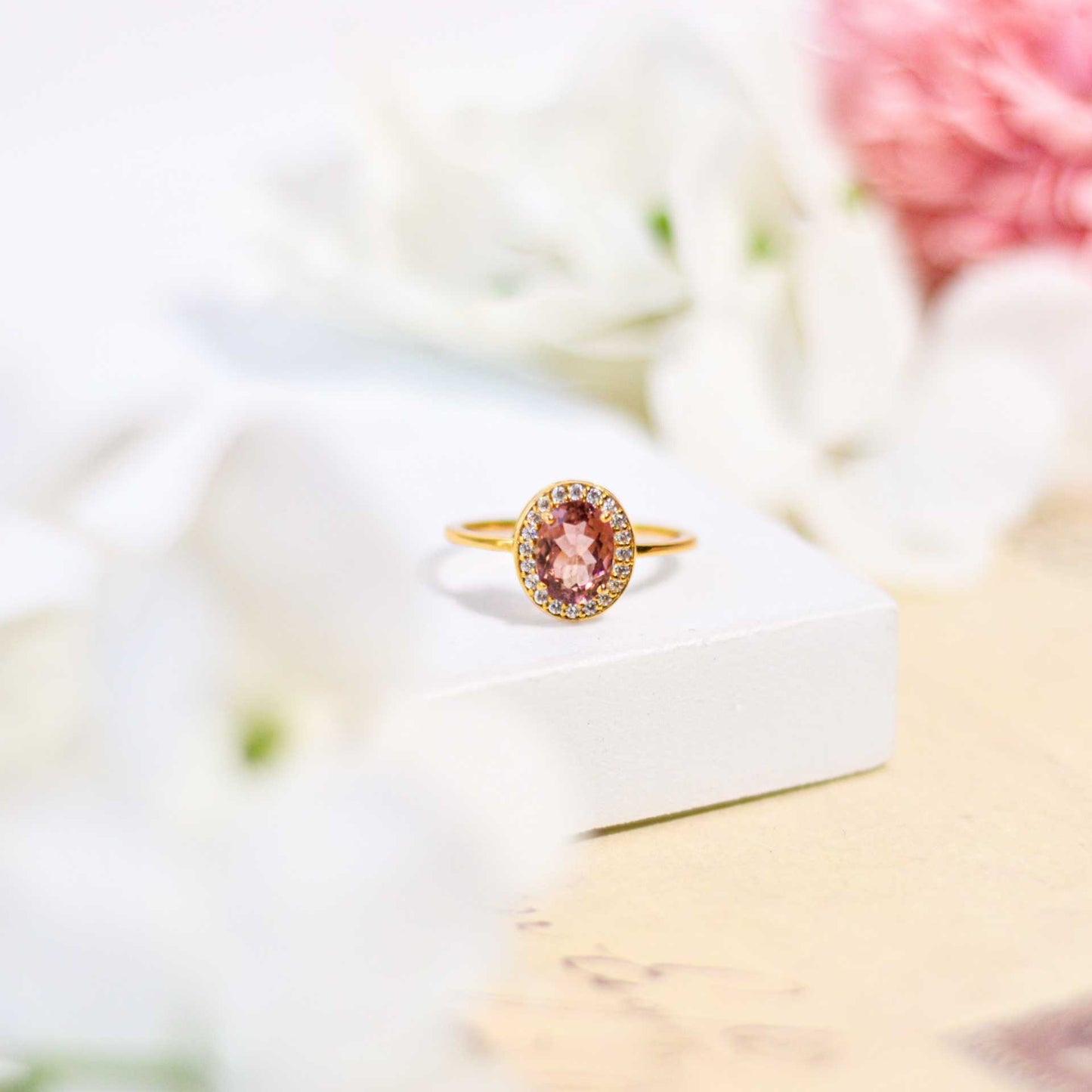 8 x 6 mm Oval cut Pink Tourmaline with Cz Halo Yellow Gold plated Ring