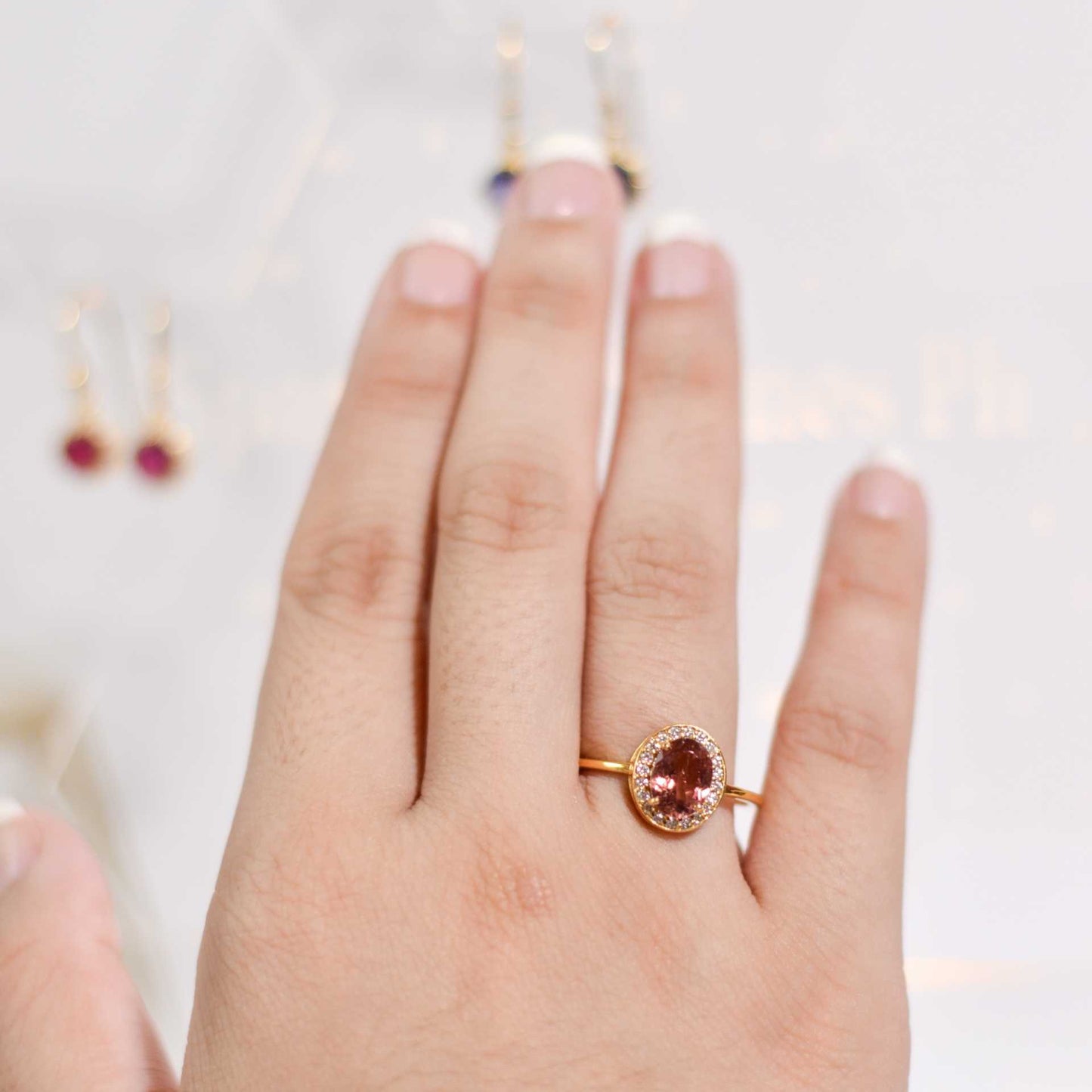 8 x 6 mm Oval cut Pink Tourmaline with Cz Halo Yellow Gold plated Ring