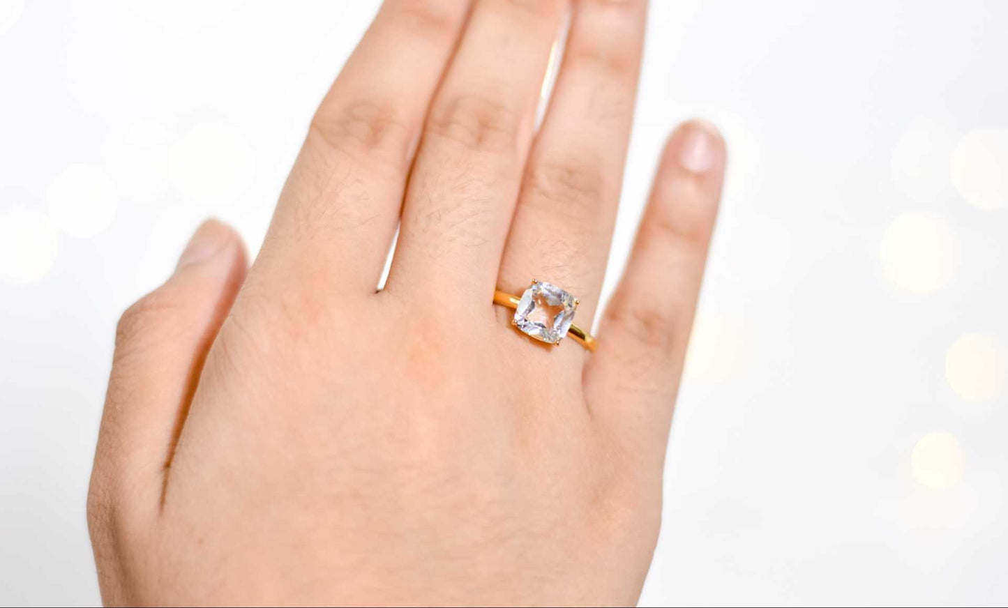 8mm Cushion cut White Topaz Yellow gold plated Ring