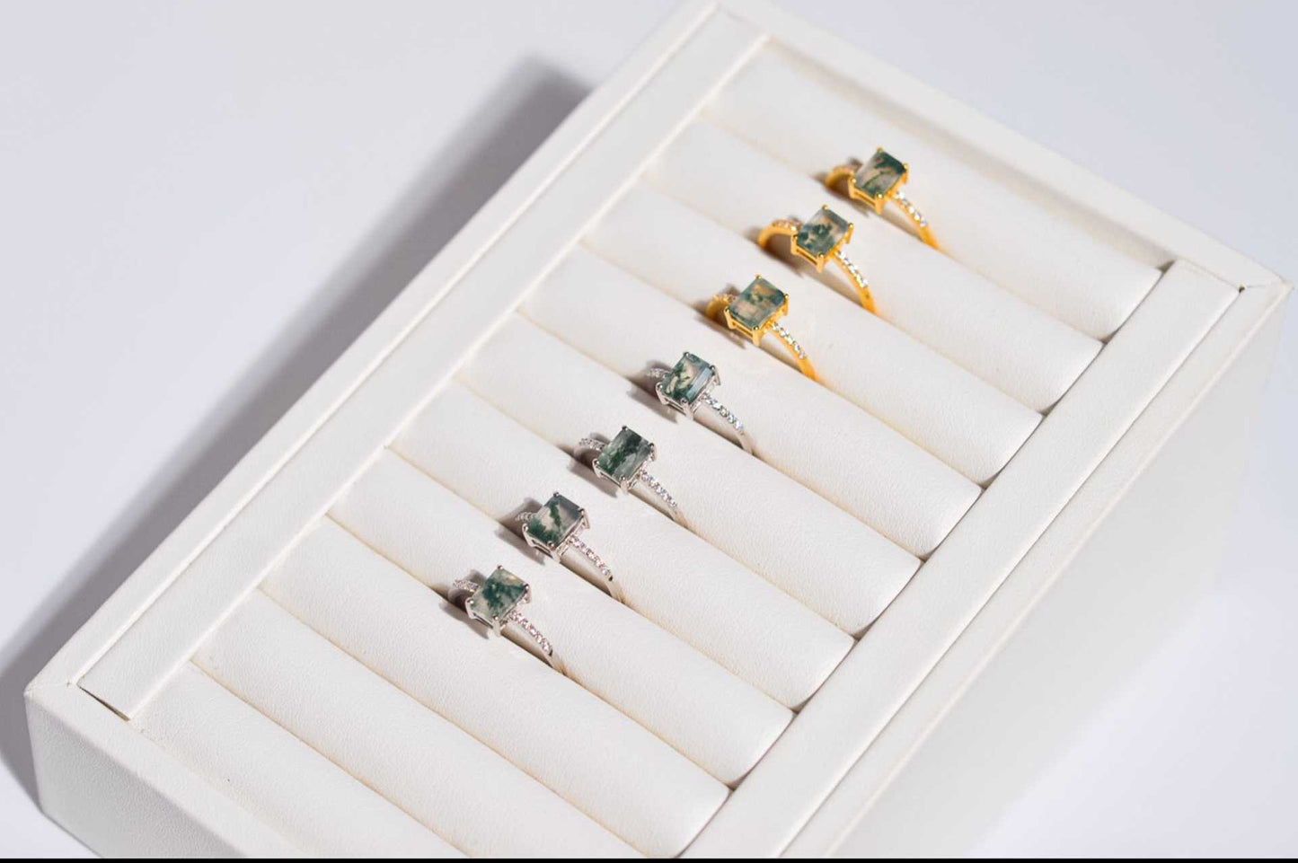 7 x 5 mm Baguette cut Green Moss Agate with Cz band Yellow gold plated Ring