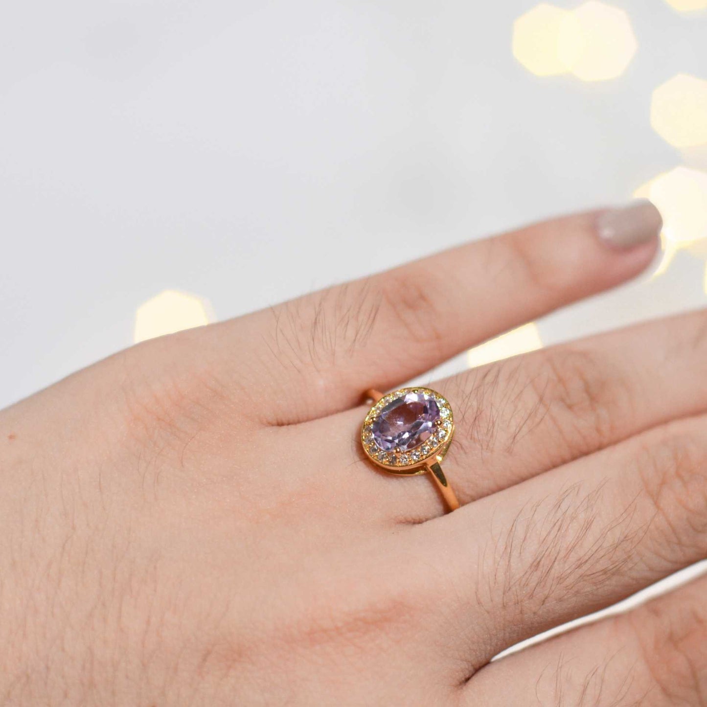 8 x 6 mm Oval cut Pink Amethyst with Cz Halo Yellow gold plated Ring
