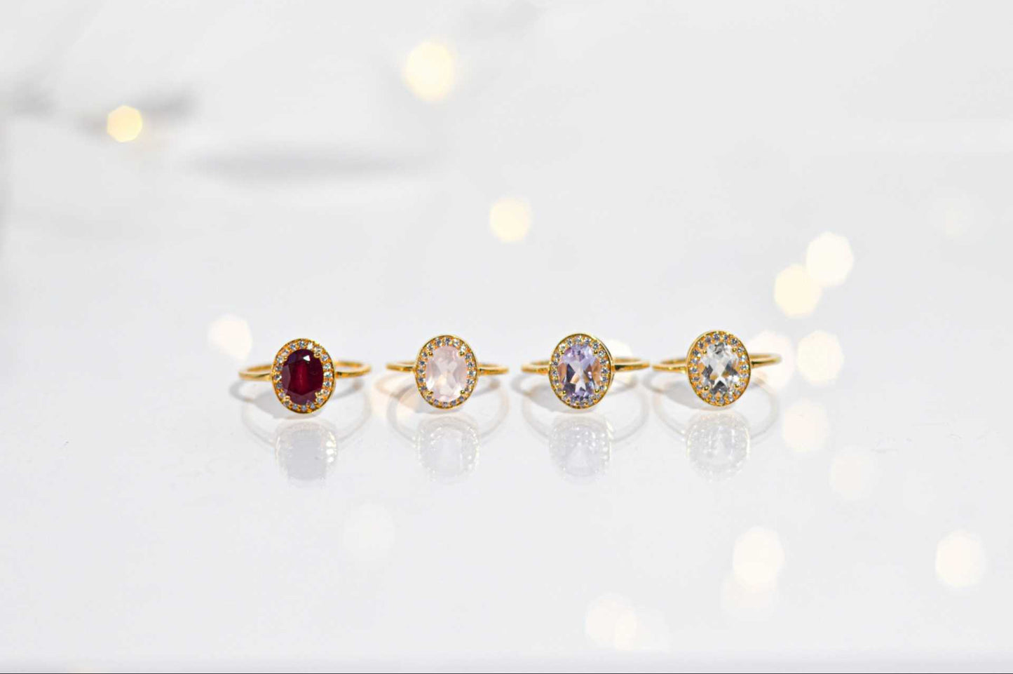 8 x 6 mm Oval cut Pink Amethyst with Cz Halo Yellow gold plated Ring