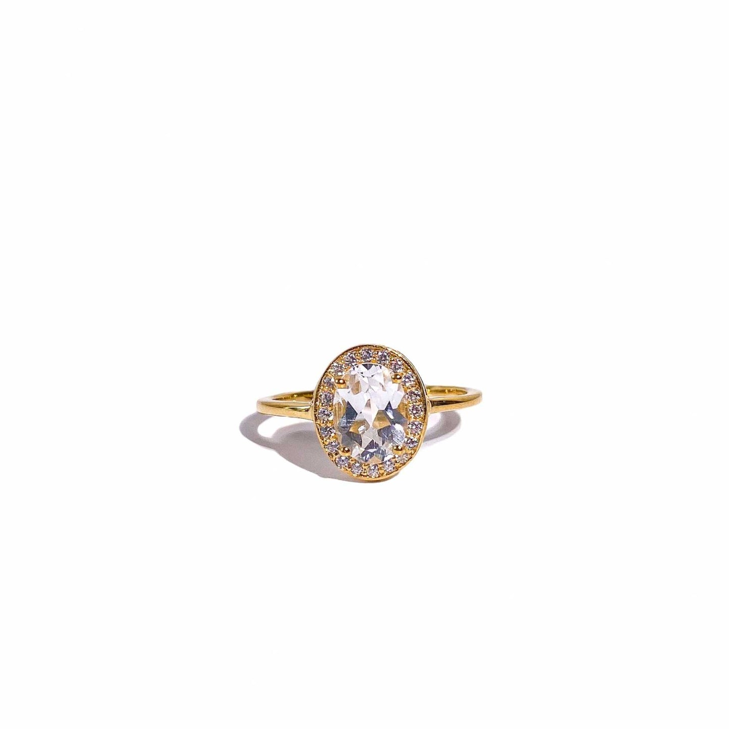 8 x 6 mm Oval cut White Topaz with Cz Halo Yellow gold plated Ring