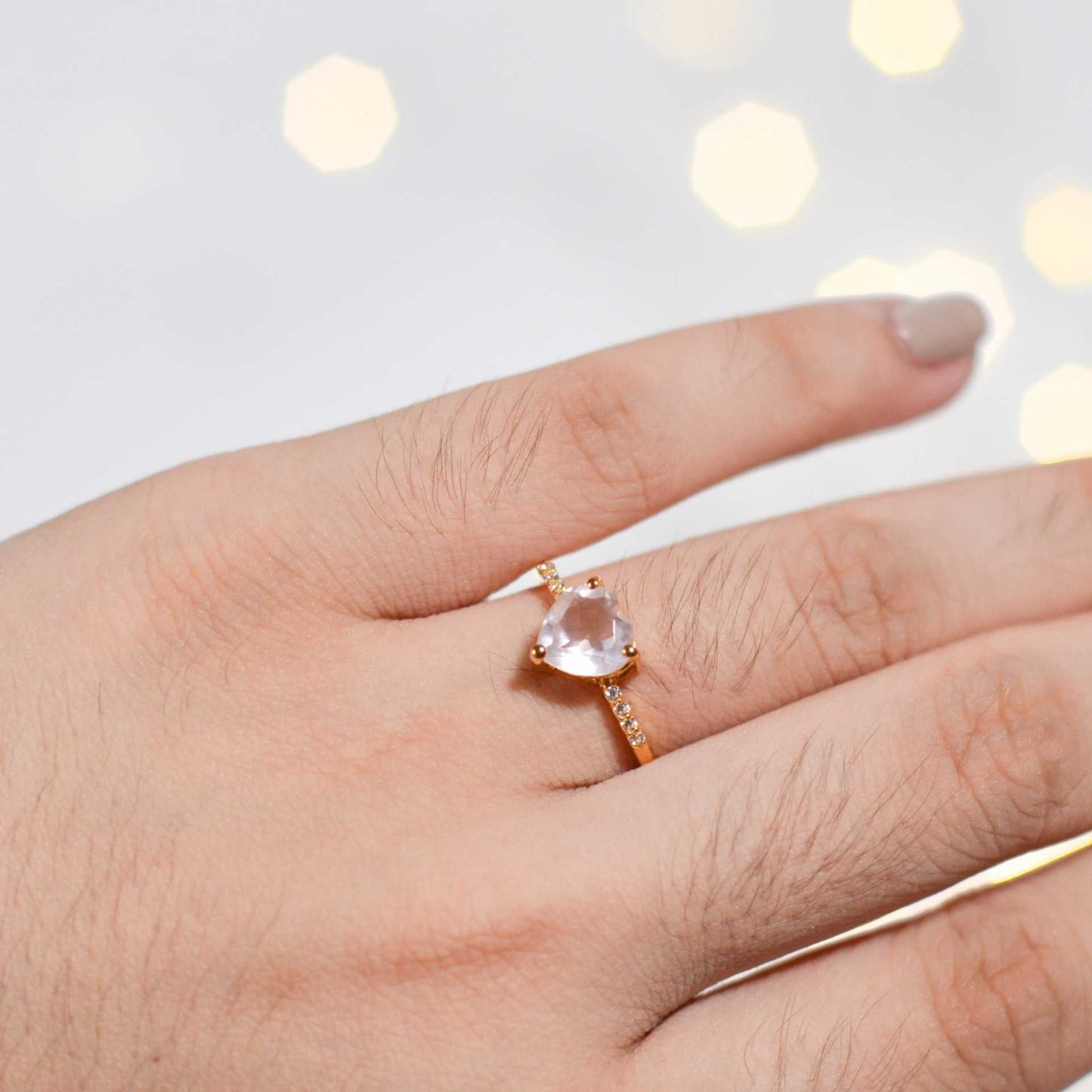 7 mm Heart cut Rose Quartz with Cz band Yellow gold plated Ring