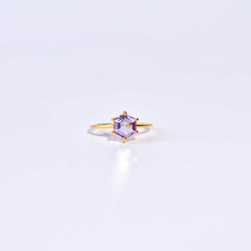 7 mm Hexagon cut Pink Amethyst Yellow gold plated Ring