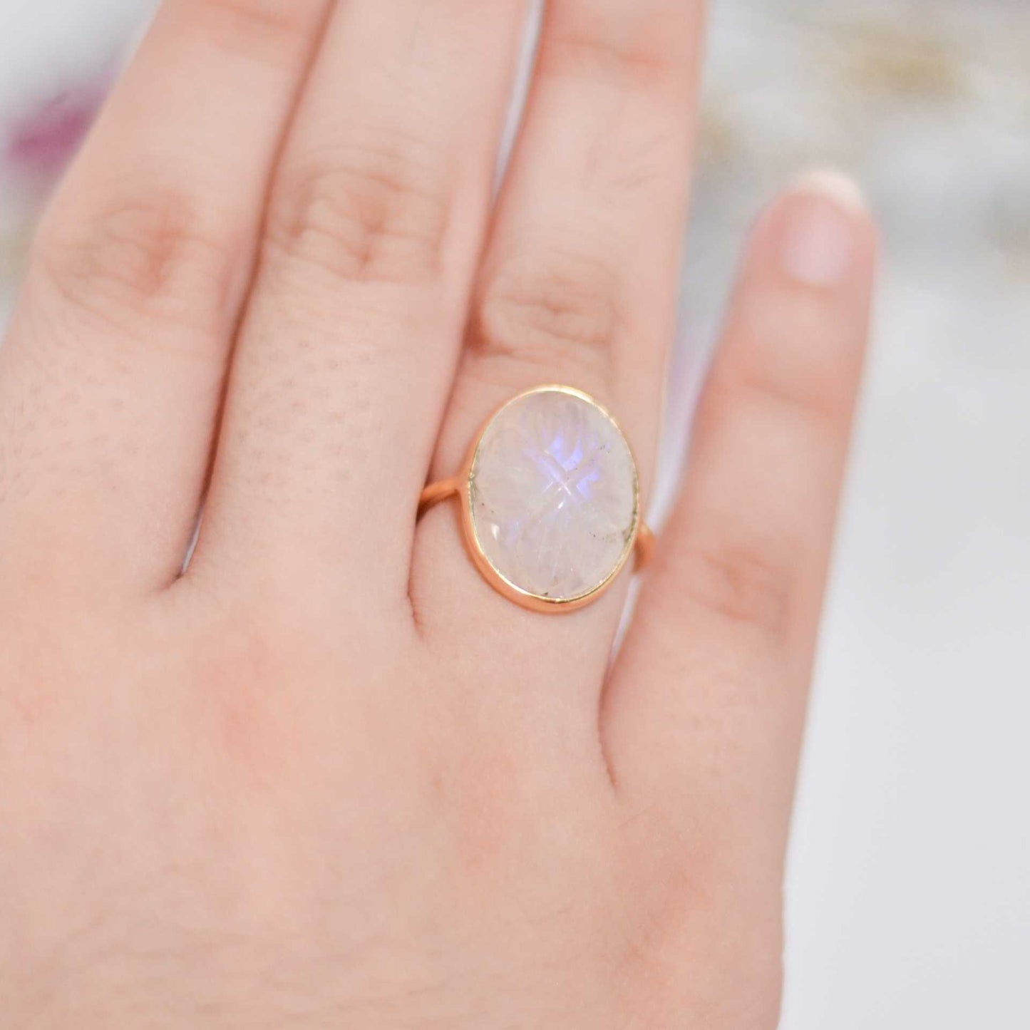 16 x 12 mm Oval Carved Moonstone Ring