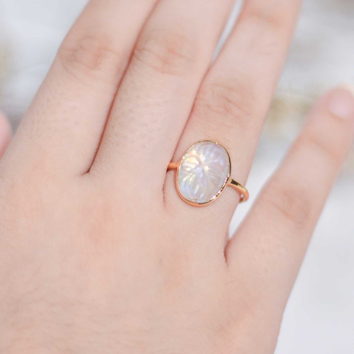 14 x 10 mm Oval Carved Moonstone Ring