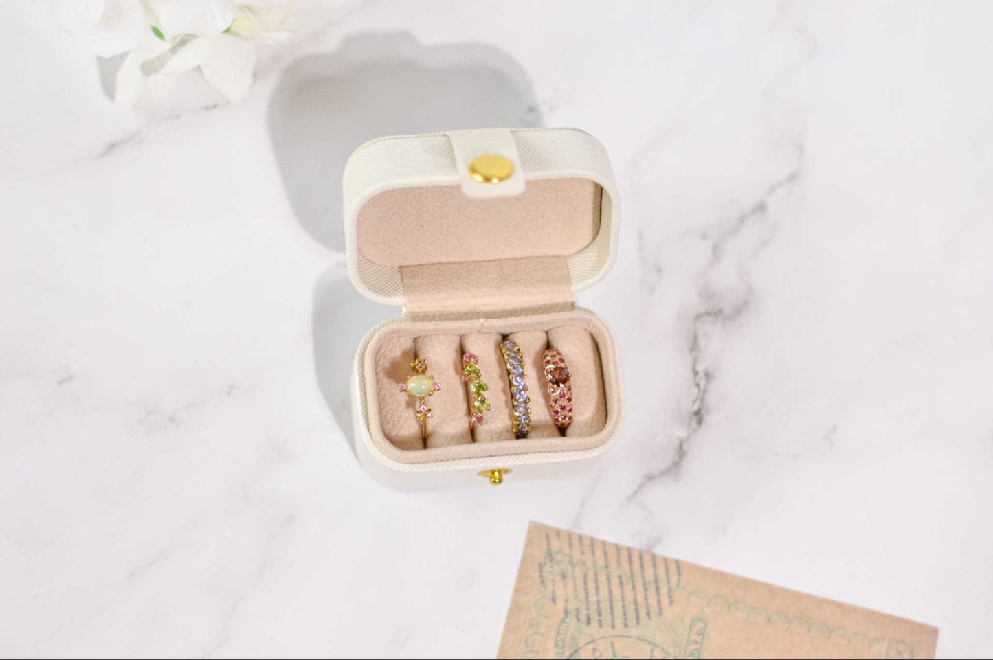 7 x 5 mm Oval Opal Cabochon with Satellite Yellow Sapphire, Pink Tourmaline, Peridot Ring