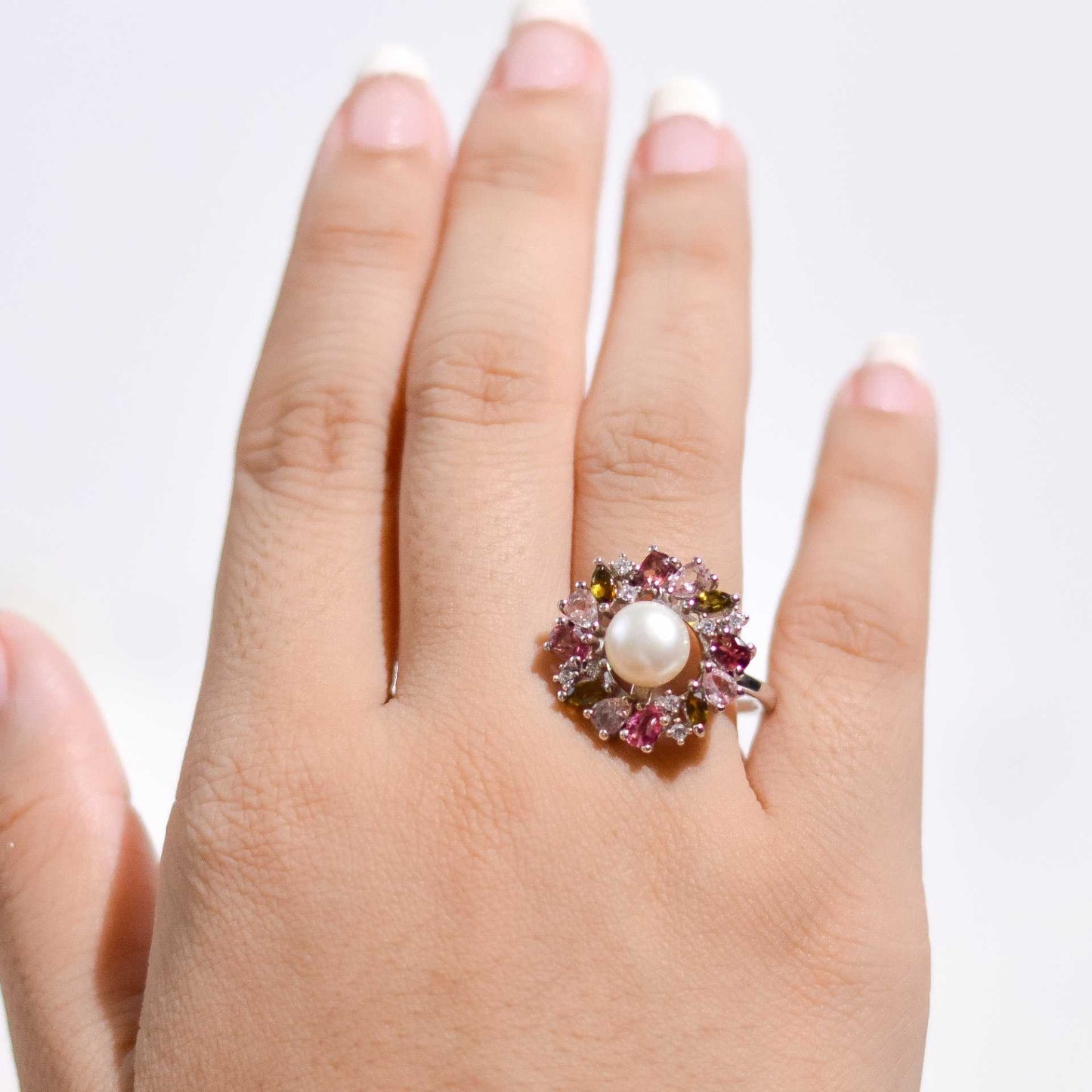 7.5 mm Pearl with 3mm Dark Pink, Light Pink & Dark Green Tourmaline Halo