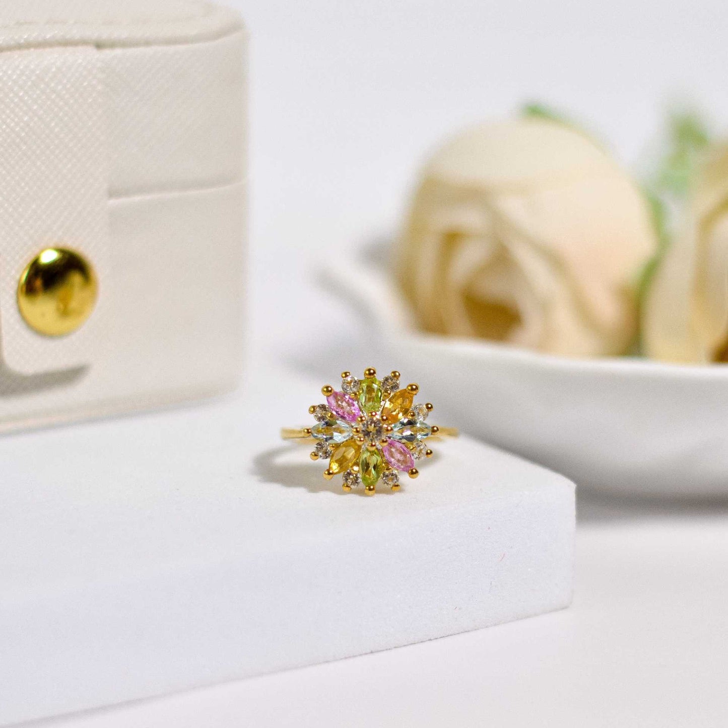 5 x 3 mm Marquise (Pink Sapphire, Yellow Sapphire, Peridot, Blue Topaz) with White Topaz Halo Cluster Ring