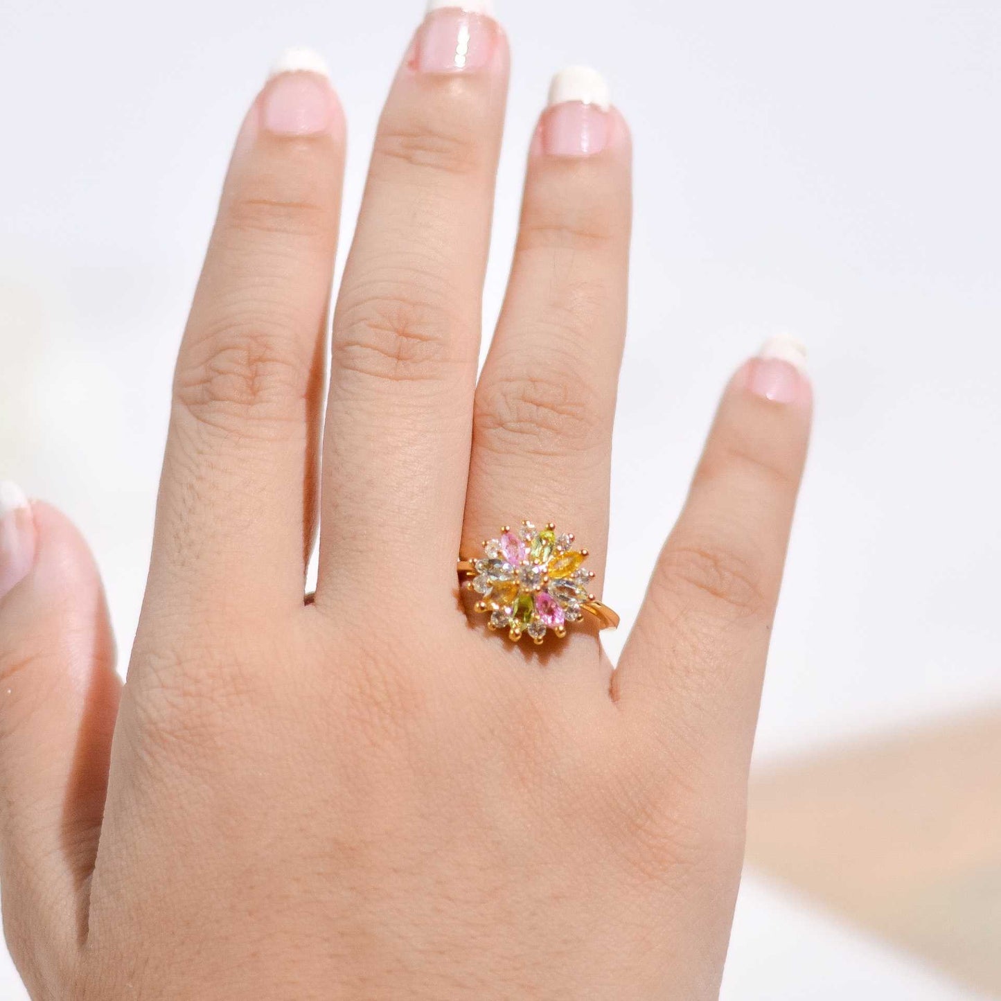 5 x 3 mm Marquise (Pink Sapphire, Yellow Sapphire, Peridot, Blue Topaz) with White Topaz Halo Cluster Ring