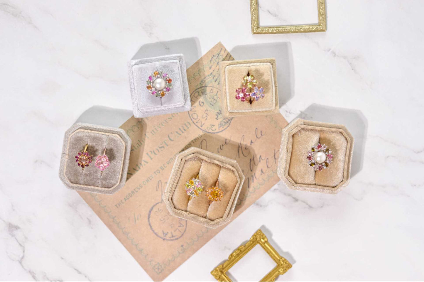 5 x 3 mm Marquise (Pink Sapphire, Yellow Sapphire, Peridot, Blue Topaz) with White Topaz Halo Cluster Ring