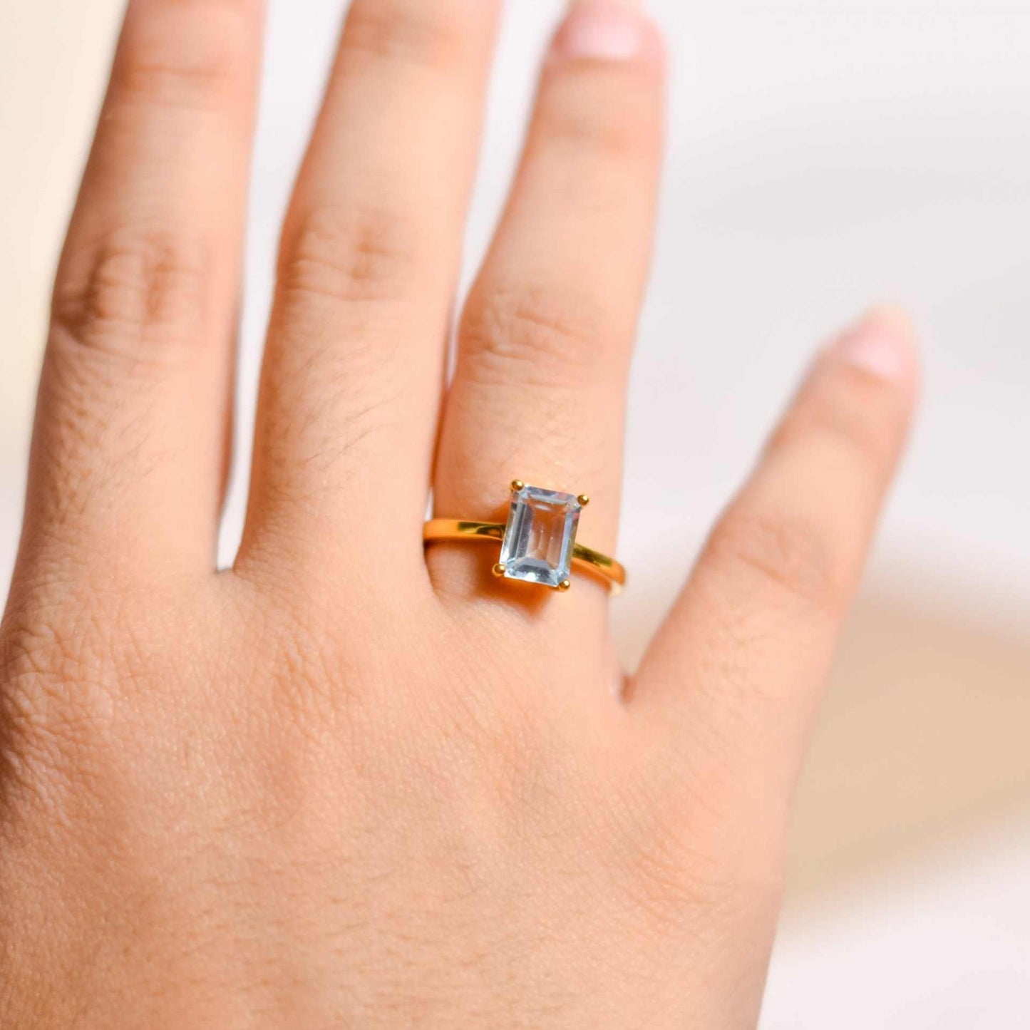 8 x 6 mm Baguette cut Blue Topaz Ring