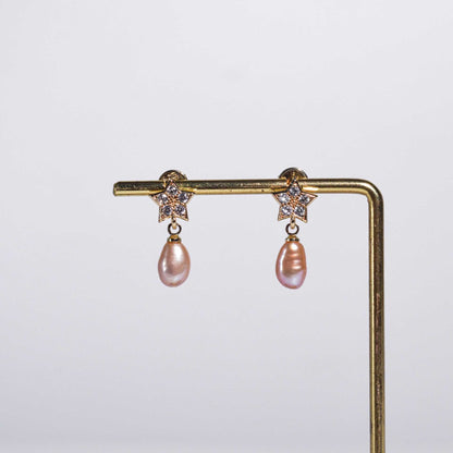 10.1 mm Purple Baroque Pearl Yellow Gold Plated Dangling with 9.2 mm Star Stud with Zircon Earrings