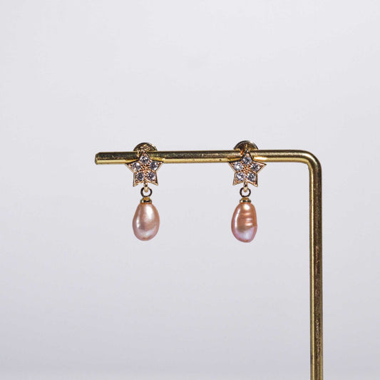 10.1 mm Purple Baroque Pearl Yellow Gold Plated Dangling with 9.2 mm Star Stud with Zircon Earrings