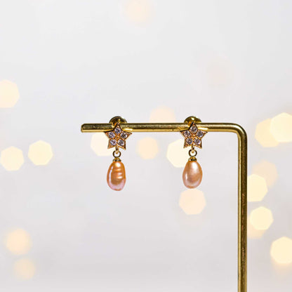 10.1 mm Purple Baroque Pearl Yellow Gold Plated Dangling with 9.2 mm Star Stud with Zircon Earrings