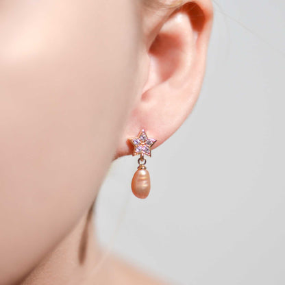 10.1 mm Purple Baroque Pearl Yellow Gold Plated Dangling with 9.2 mm Star Stud with Zircon Earrings