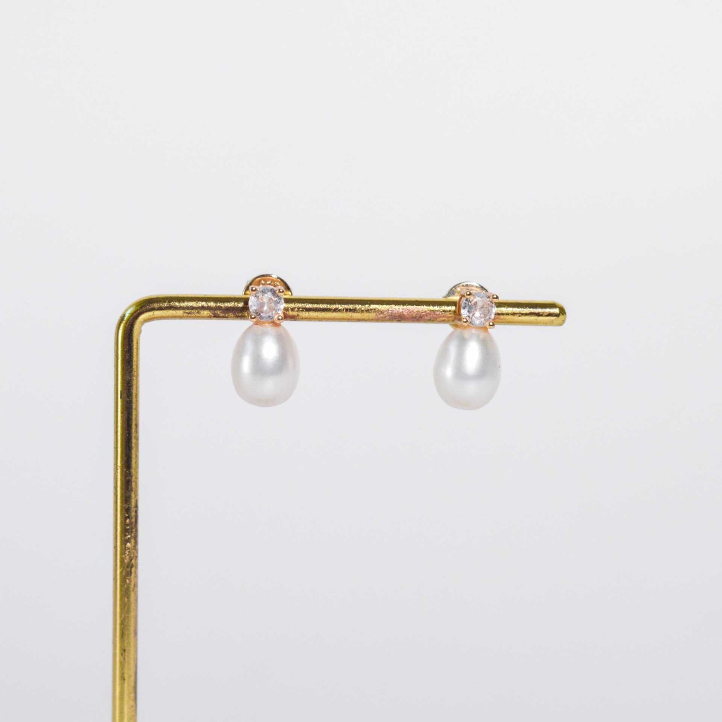10.1 mm White Biwa Pearl Yellow Gold Plated with 4mm Zircon Stud Earrings