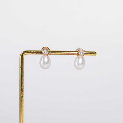 10.1 mm White Biwa Pearl Yellow Gold Plated with 4mm Zircon Stud Earrings