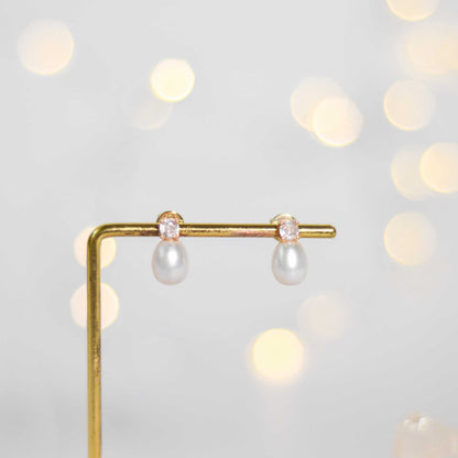 10.1 mm White Biwa Pearl Yellow Gold Plated with 4mm Zircon Stud Earrings