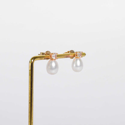 10.1 mm White Biwa Pearl Yellow Gold Plated with 4mm Zircon Stud Earrings