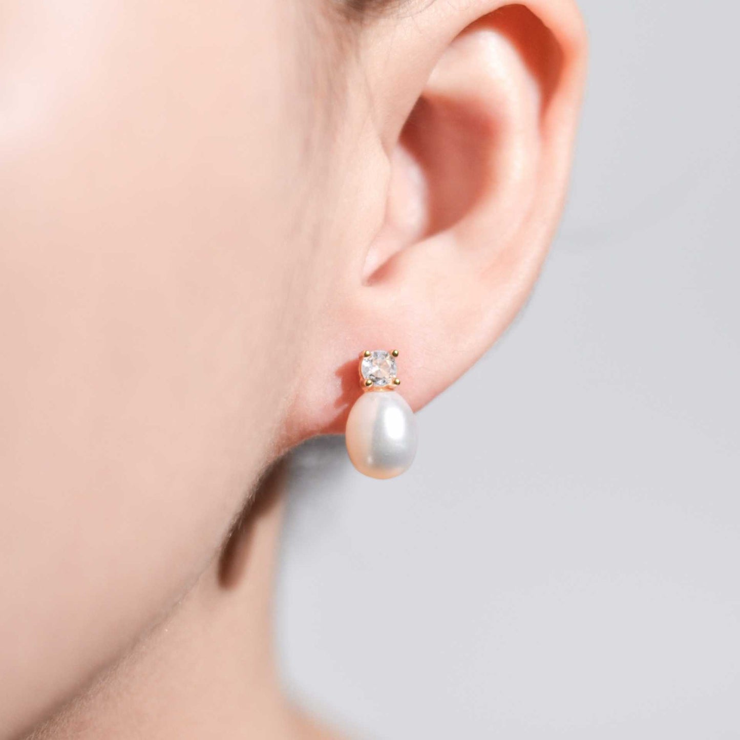10.1 mm White Biwa Pearl Yellow Gold Plated with 4mm Zircon Stud Earrings