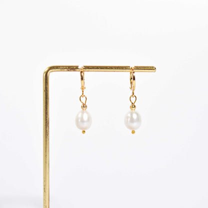 10.2 mm white biwa pearl yellow gold plated hoop earrings